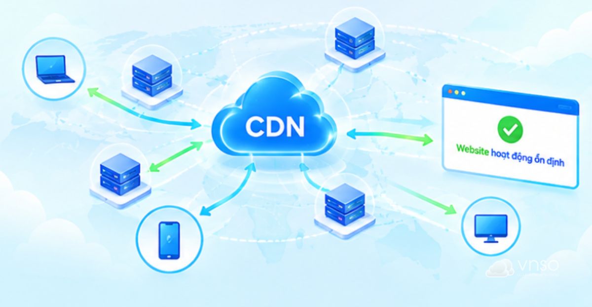 Minh họa CDN phân phối lưu lượng và hỗ trợ bảo vệ website trước DDoS